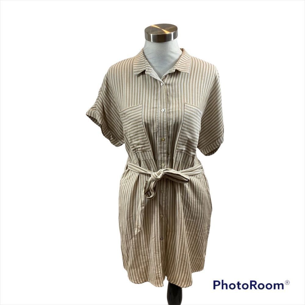 New With Tags Knot Sister Tan and White Striped‎ Shirt Dress Size Large